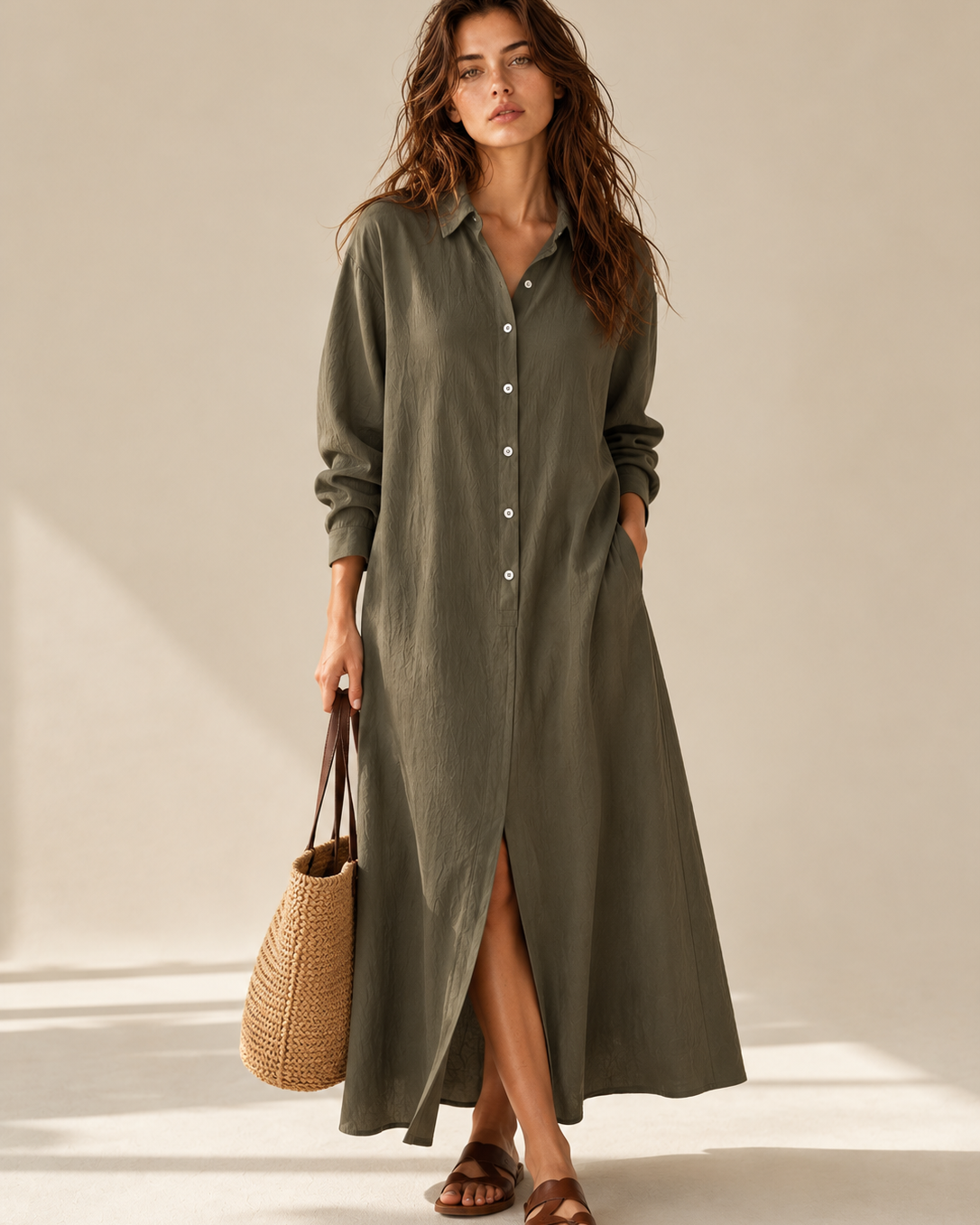 Soline | Lockeres Schwarzes Maxikleid mit Knöpfen - Grün - Maxi Dress - Cow Clothing