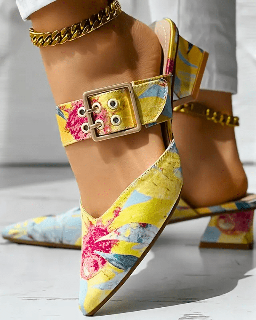 Damen Schnallen-Blockabsatz-Mules - Gelb - Damen > Sandalen > Absatz - Concept Fashionlab