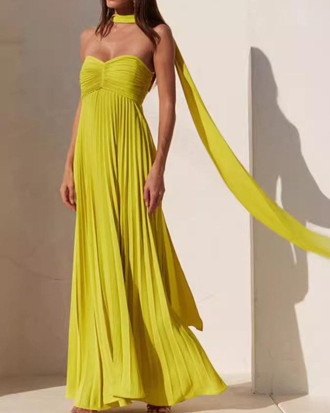 Simple Elegant Look Tube Dress with Pleats and Ribbon - XS - Maxi Dress - Concept Fashionlab