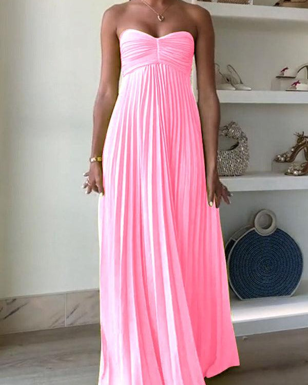 Simple Elegant Look Tube Dress with Pleats and Ribbon - M - Maxi Dress - Concept Fashionlab