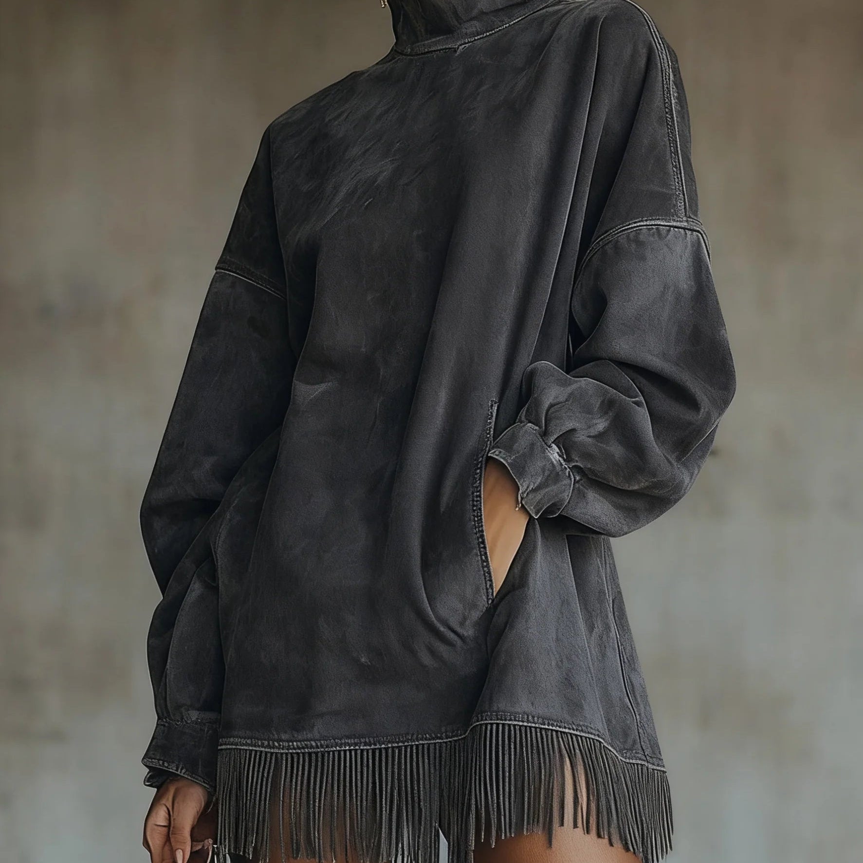 Damen Kuscheliges Wildleder-Fransen-Kleid – Luxuskomfort, müheloser - Dunkelgrau - Damen > Kleider - Concept Fashionlab