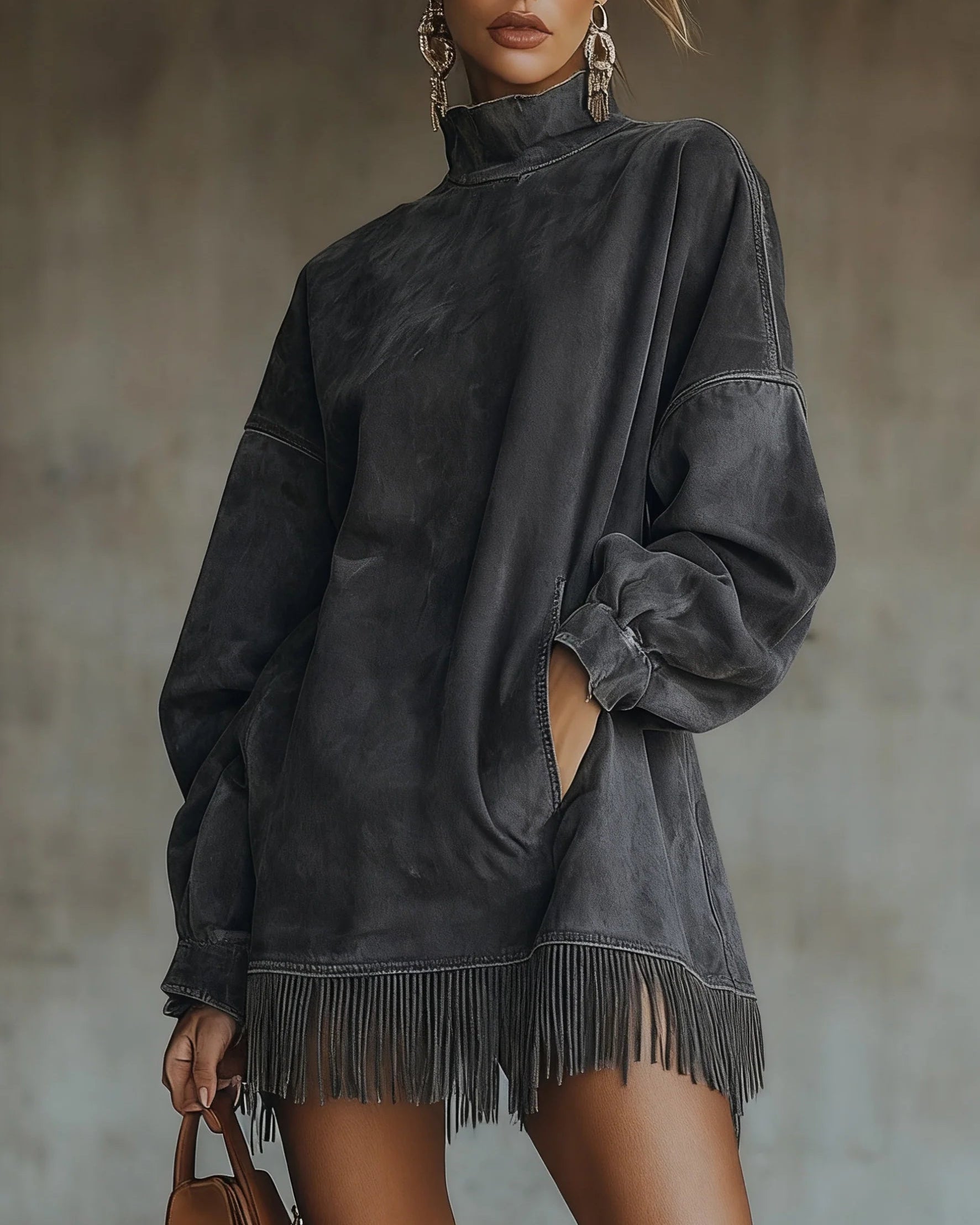 Damen Kuscheliges Wildleder-Fransen-Kleid – Luxuskomfort, müheloser - Dunkelgrau - Damen > Kleider - Concept Fashionlab