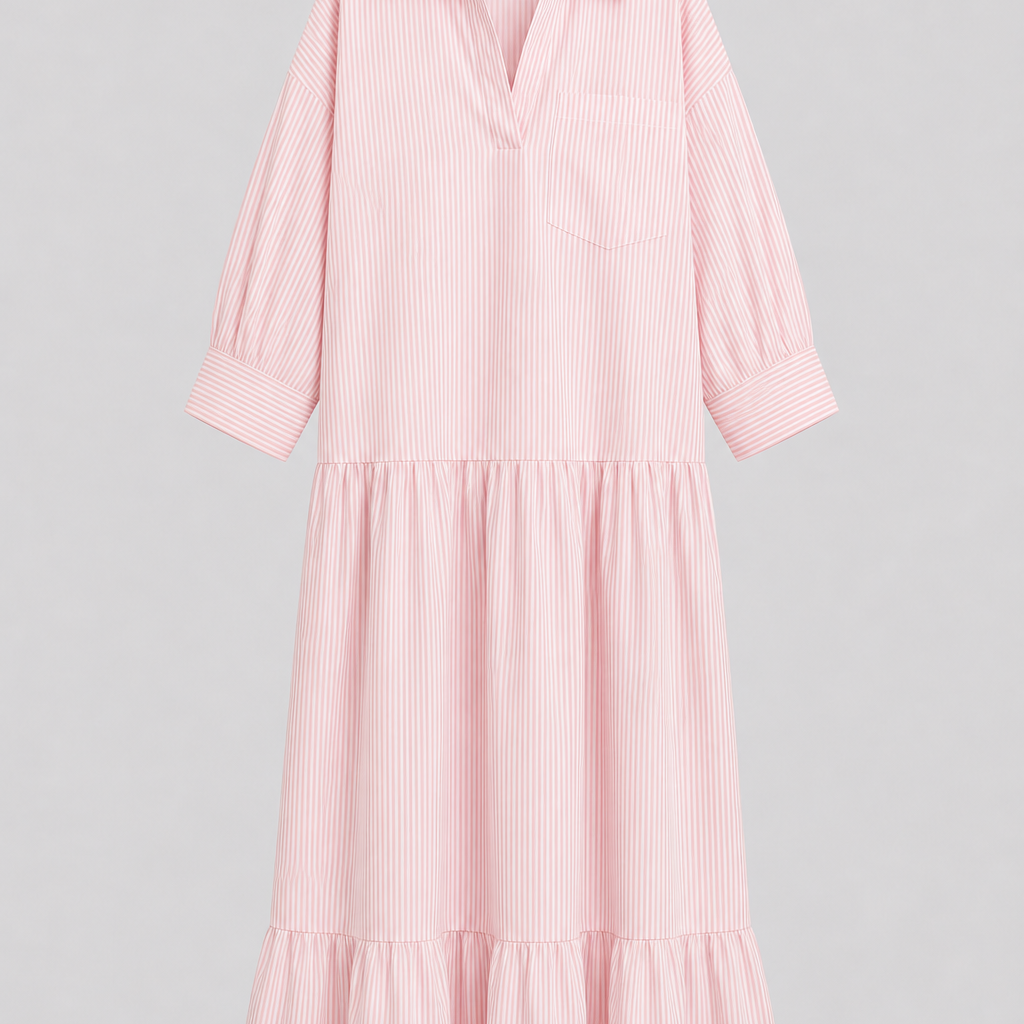 Blau gestreiftes lockeres Shirtkleid in Maxi-Länge - Rosa - Shirt - Concept Fashionlab
