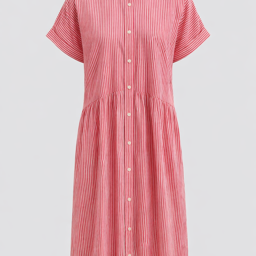 Gestreiftes Hemdblusenkleid für Damen mit Knopfleiste und kurzen Ärmeln