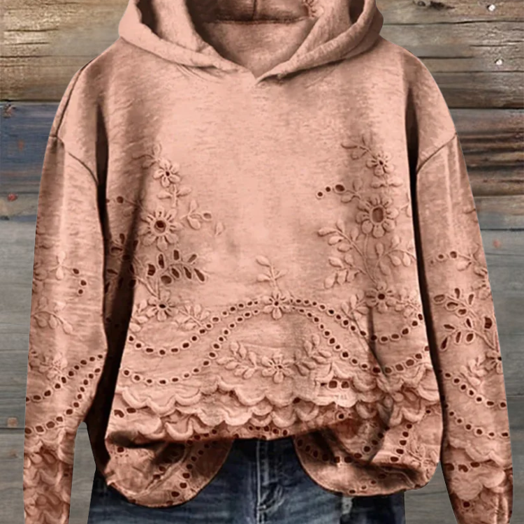Damen Strickpullover mit Kapuze und floralen Details