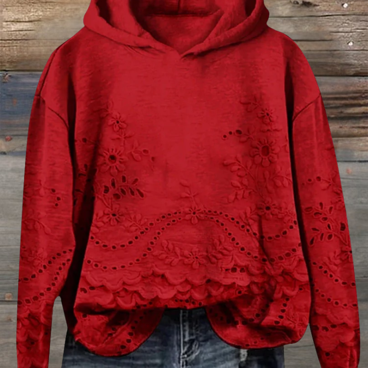 Damen Strickpullover mit Kapuze und floralen Details