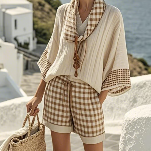 Isla | Gingham-Lounge-Set — Müheloser Küstenkomfort für das Leben im Freien - Beige - Loungewear Set - Concept Fashionlab