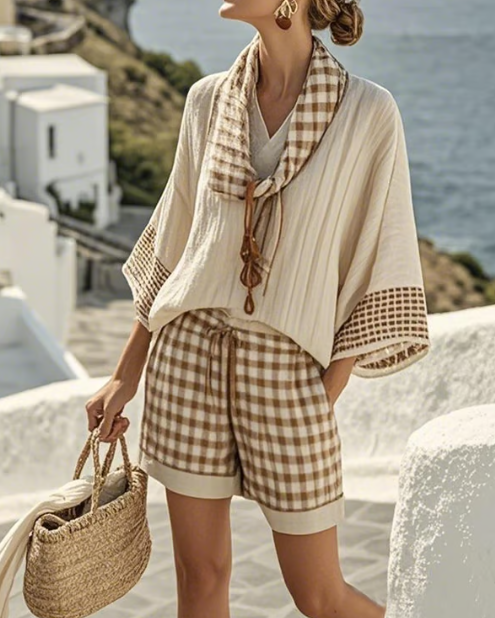 Isla | Gingham-Lounge-Set — Müheloser Küstenkomfort für das Leben im Freien - Beige - Loungewear Set - Concept Fashionlab