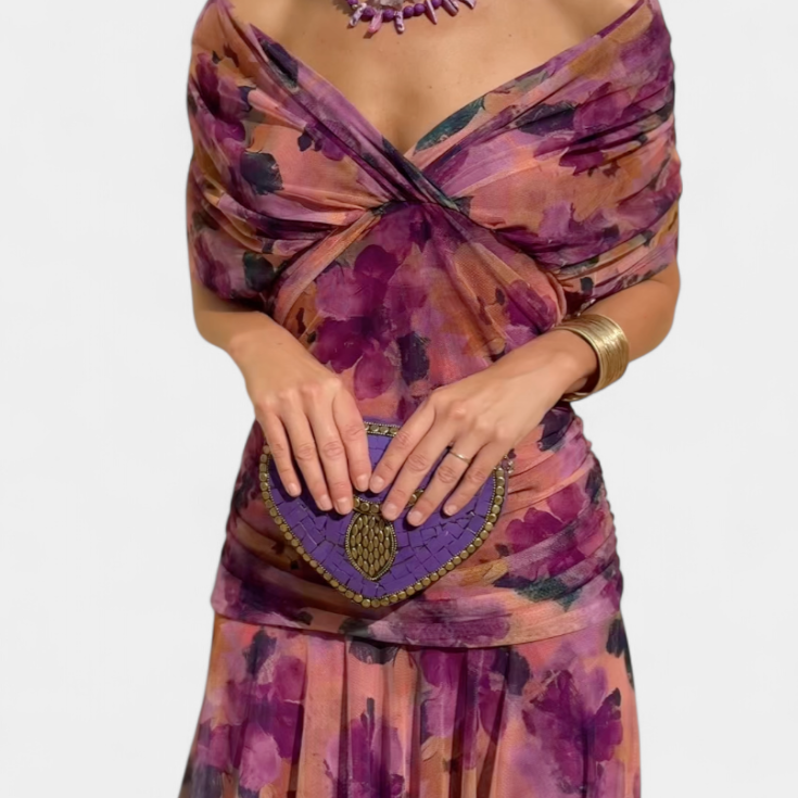 Damen Elegantes langes Blumenkleid mit V-Ausschnitt