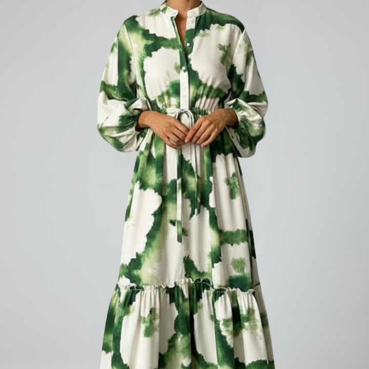 Lucy | Damen-Langarm-Maxikleid mit V-Ausschnitt und Druck - Grün - Maxi Dress - Concept Fashionlab