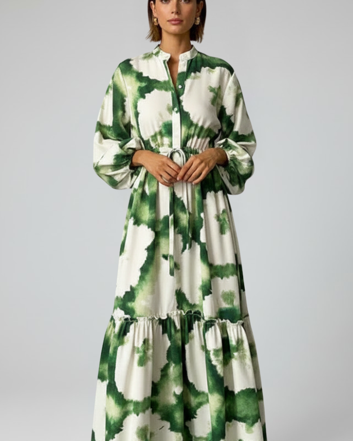 Lucy | Damen-Langarm-Maxikleid mit V-Ausschnitt und Druck - Grün - Maxi Dress - Concept Fashionlab