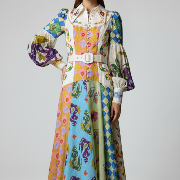 Lucy | Damen-Langarm-Maxikleid mit V-Ausschnitt und Druck - Mehrfarbig - Maxi Dress - Concept Fashionlab