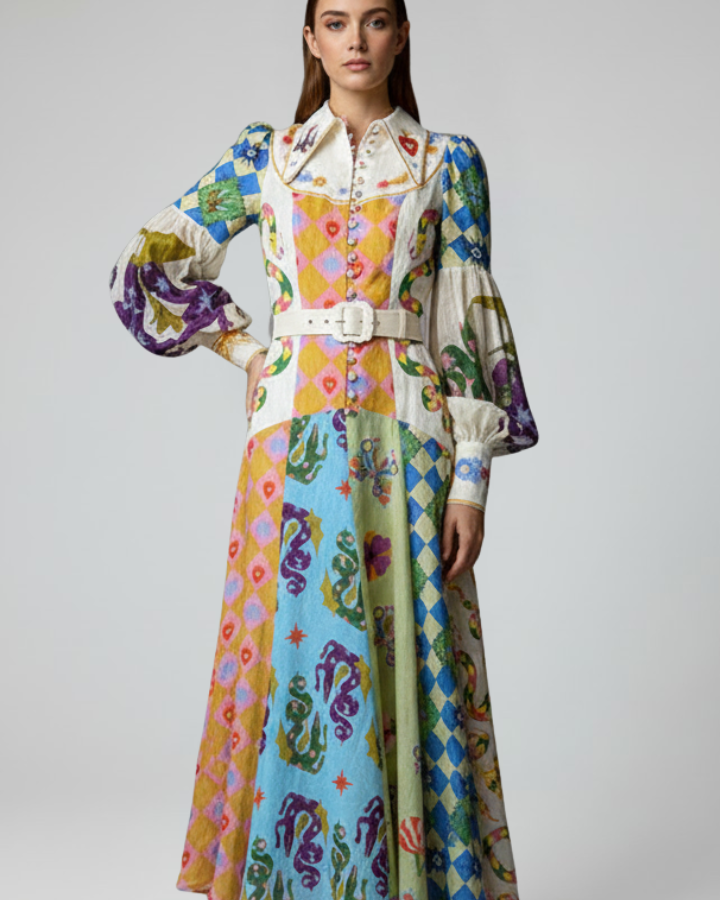Lucy | Damen-Langarm-Maxikleid mit V-Ausschnitt und Druck - Mehrfarbig - Maxi Dress - Concept Fashionlab