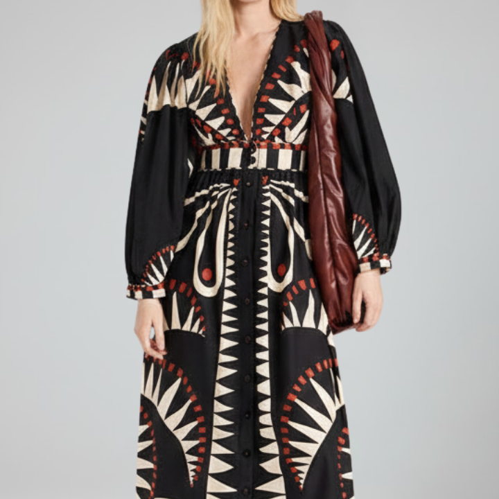 Lucy | Damen-Langarm-Maxikleid mit V-Ausschnitt und Druck - Schwarz - Maxi Dress - Concept Fashionlab
