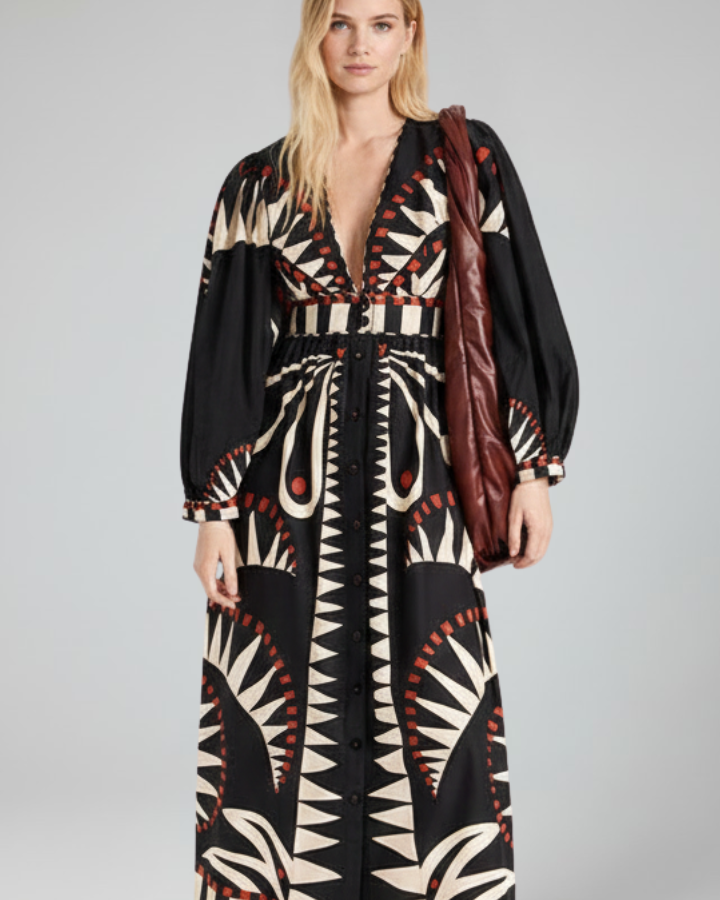 Lucy | Damen-Langarm-Maxikleid mit V-Ausschnitt und Druck - Schwarz - Maxi Dress - Concept Fashionlab