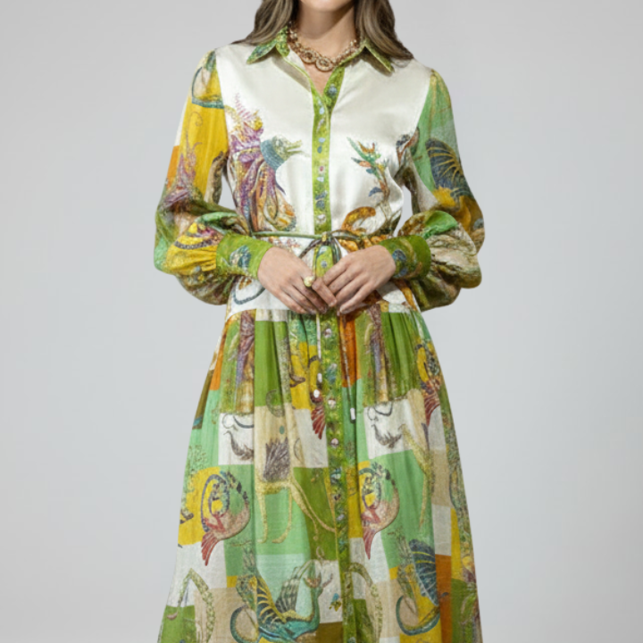 Lucy | Damen-Langarm-Maxikleid mit V-Ausschnitt und Druck - Hellgrün - Maxi Dress - Concept Fashionlab