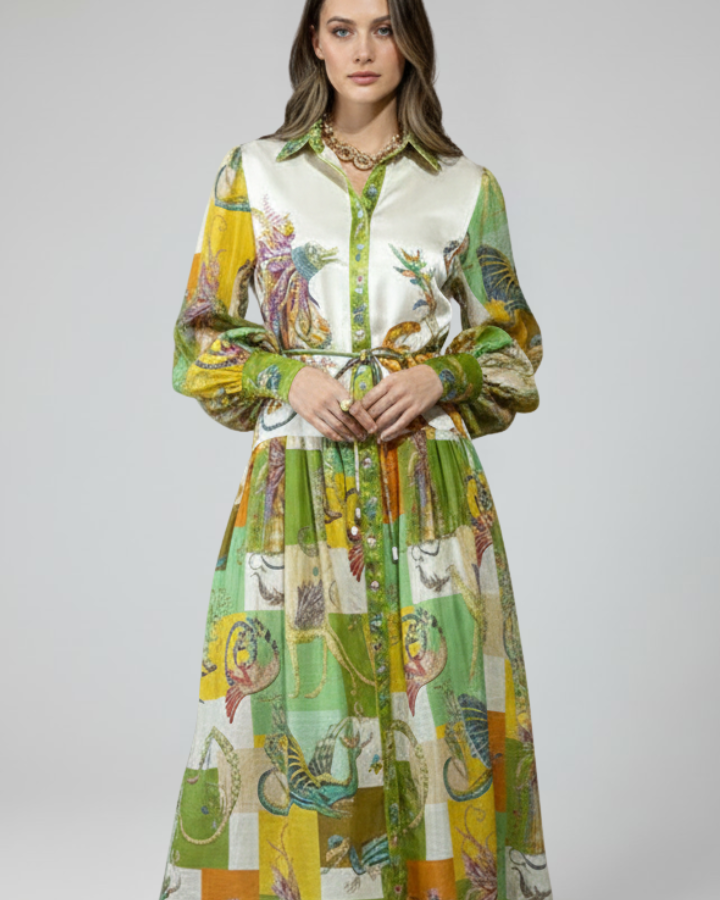 Lucy | Damen-Langarm-Maxikleid mit V-Ausschnitt und Druck - Hellgrün - Maxi Dress - Concept Fashionlab