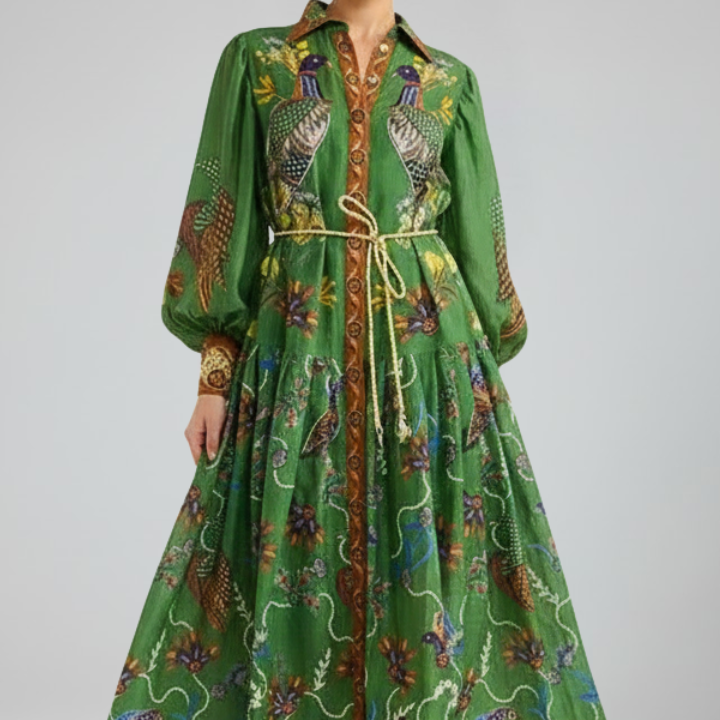 Lucy | Damen-Langarm-Maxikleid mit V-Ausschnitt und Druck - Grün bedruckt - Maxi Dress - Concept Fashionlab
