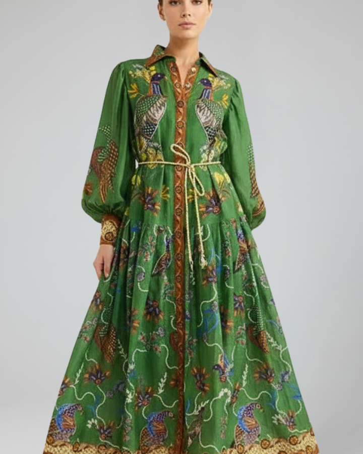 Lucy | Damen-Langarm-Maxikleid mit V-Ausschnitt und Druck - Grün bedruckt - Maxi Dress - Concept Fashionlab