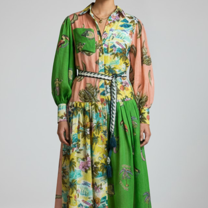 Lucy | Damen-Langarm-Maxikleid mit V-Ausschnitt und Druck - Dunkelgrün - Maxi Dress - Concept Fashionlab