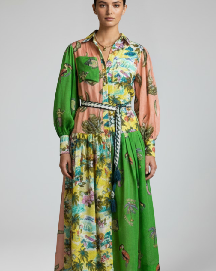 Lucy | Damen-Langarm-Maxikleid mit V-Ausschnitt und Druck - Dunkelgrün - Maxi Dress - Concept Fashionlab