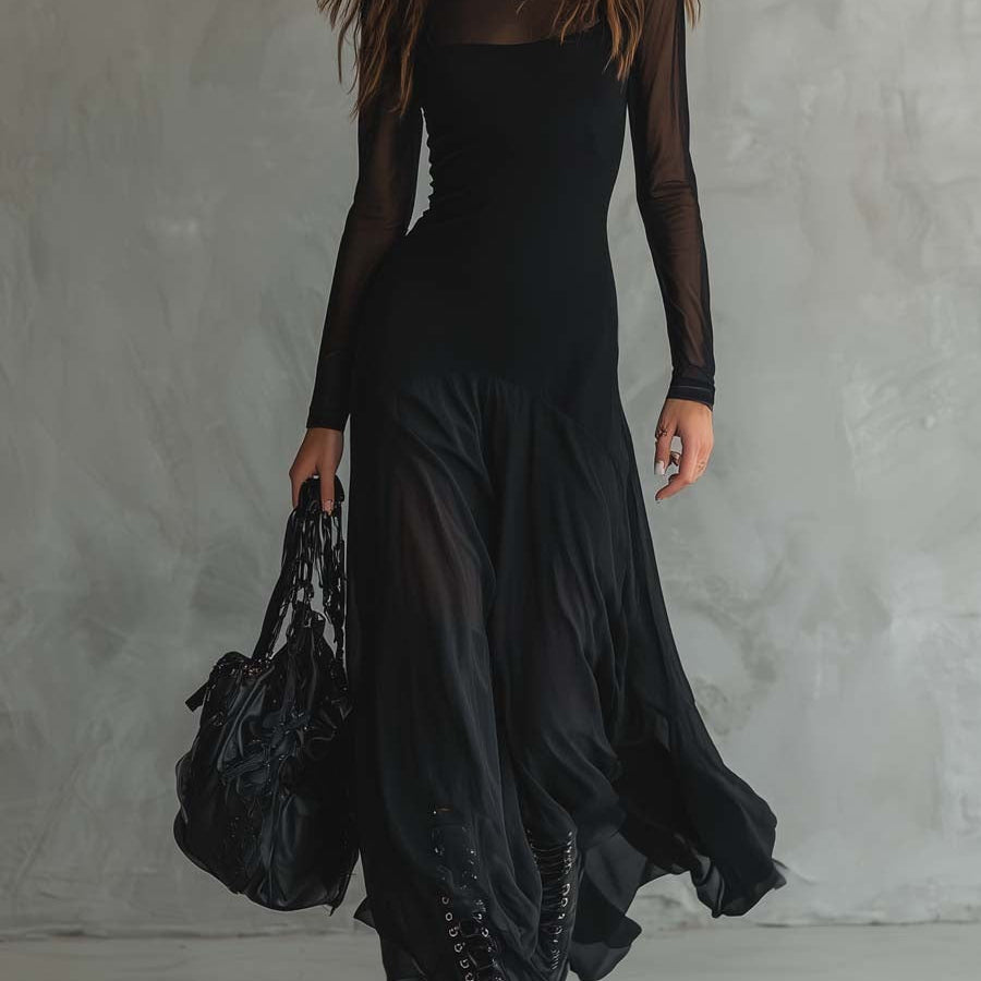 Damen Glamouröses langes schwarzes Tüllkleid - Schwarz - Damen > Kleider - Concept Fashionlab