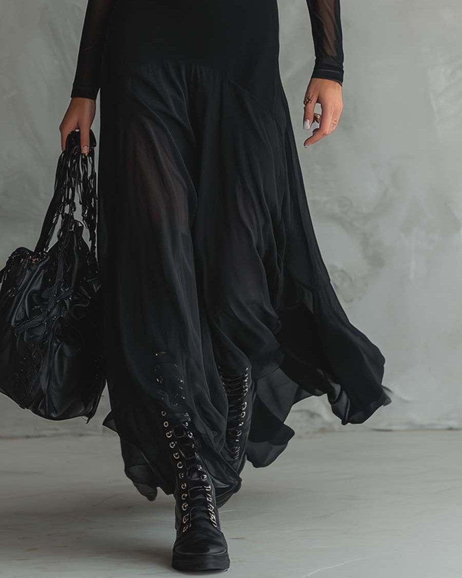 Damen Glamouröses langes schwarzes Tüllkleid - - Damen > Kleider - Concept Fashionlab