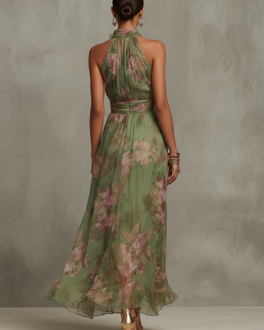 Serena ∙ Langes grün geblümtes Chiffonkleid mit amerikanischem Ausschnitt - - - DUUWE