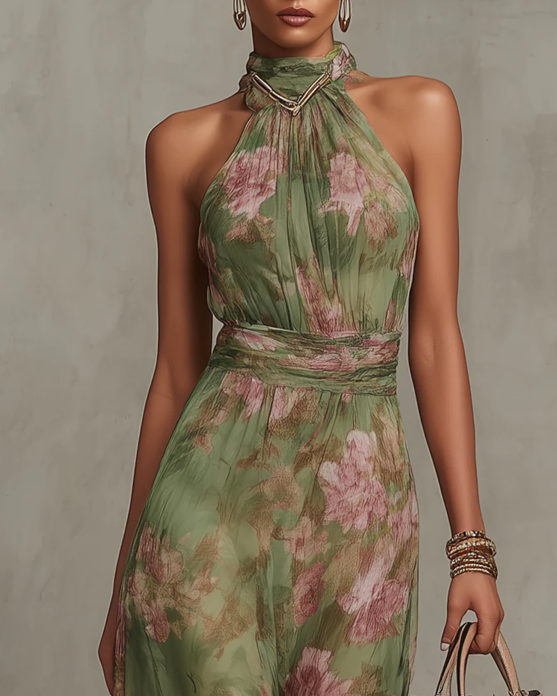 Serena ∙ Langes grün geblümtes Chiffonkleid mit amerikanischem Ausschnitt - - - DUUWE