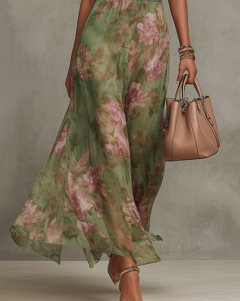Serena ∙ Langes grün geblümtes Chiffonkleid mit amerikanischem Ausschnitt - - - DUUWE