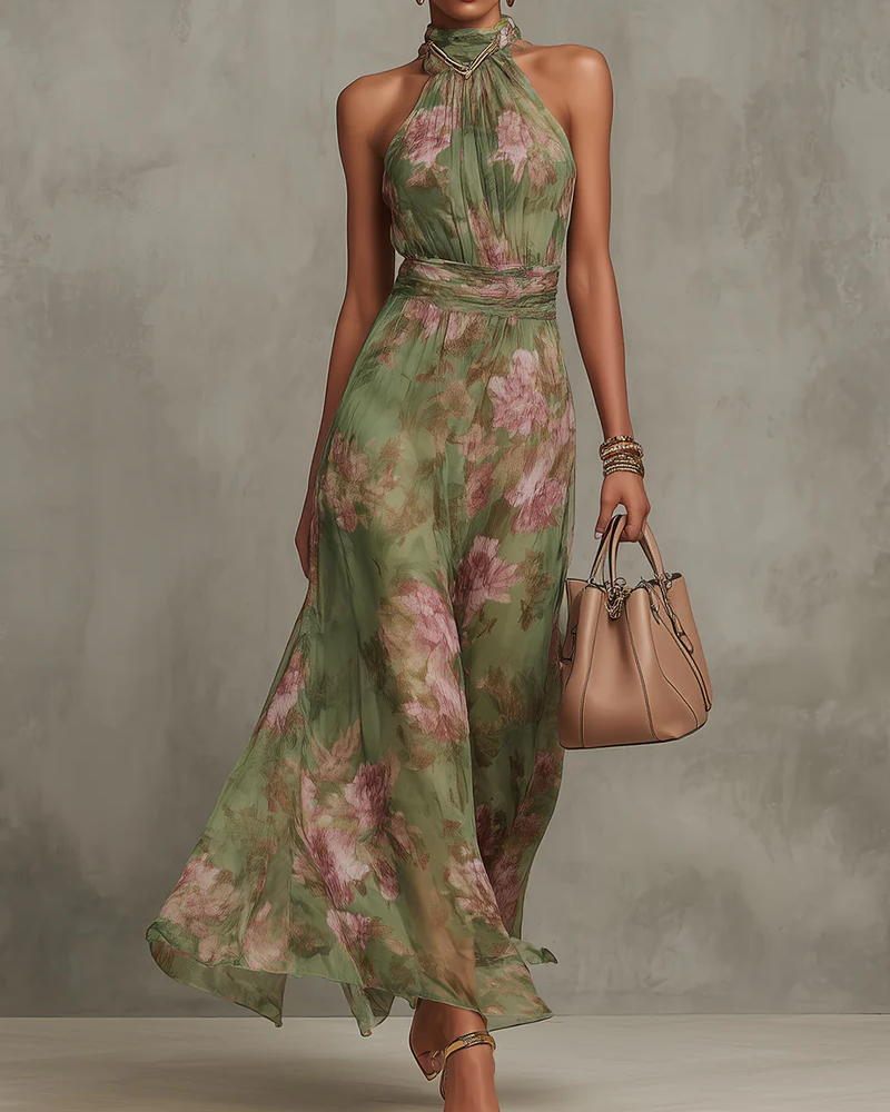 Serena ∙ Langes grün geblümtes Chiffonkleid mit amerikanischem Ausschnitt - Grün - - DUUWE