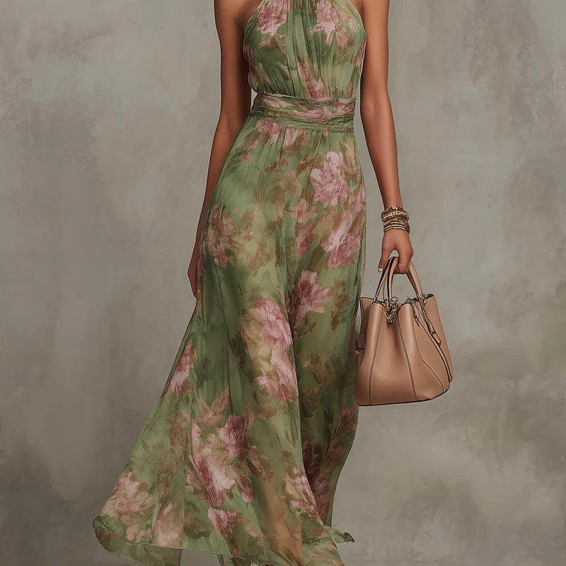 Serena ∙ Langes grün geblümtes Chiffonkleid mit amerikanischem Ausschnitt - Grün - - DUUWE