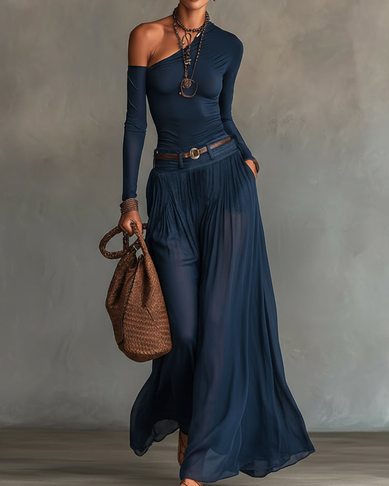 Celeste One-Shoulder Top und Tüllrock-Set - Marineblau - Matching Sets - Cow Clothing