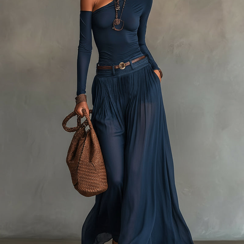 Celeste One-Shoulder Top und Tüllrock-Set - Marineblau - Matching Sets - Cow Clothing