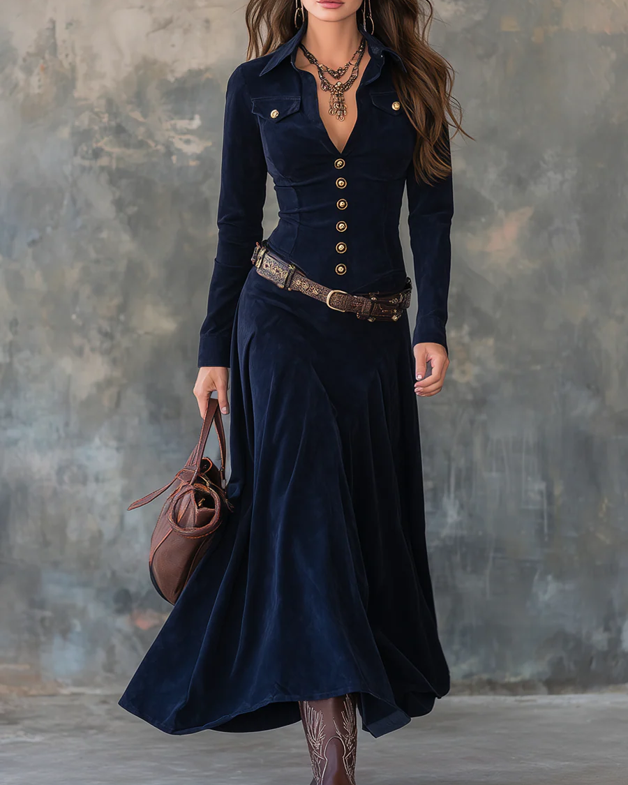 Damen Luxe Wildleder-Maxikleid mit kostenlosem Gürtel - - Damen > Kleider > Maxi - Concept Fashionlab