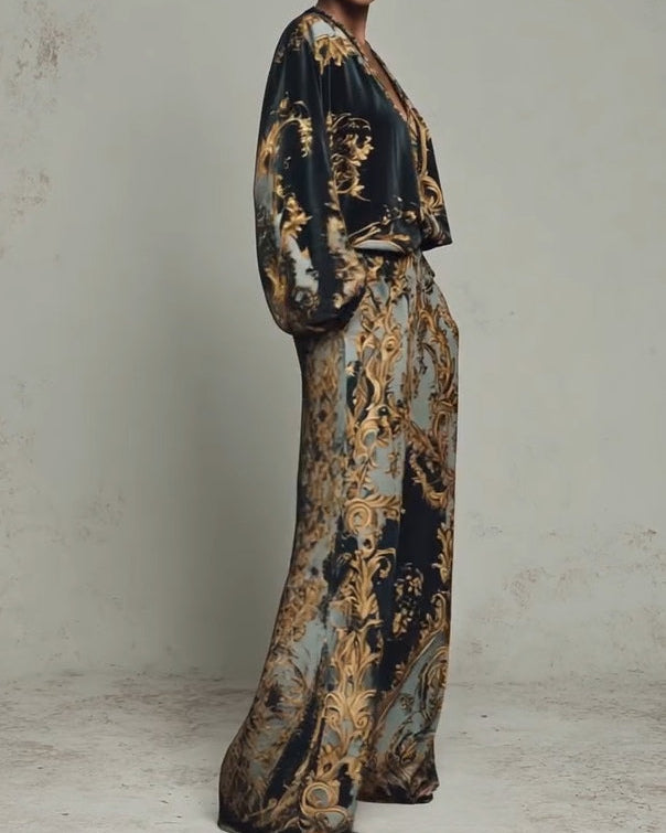 Baroque-Style Ornate Floral Print Top with Wide-Leg Trousers – Casual Suit Set - - Top - Concept Fashionlab