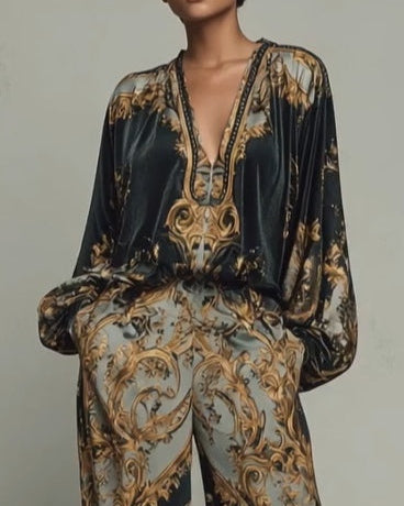 Baroque-Style Ornate Floral Print Top with Wide-Leg Trousers – Casual Suit Set - - Top - Concept Fashionlab
