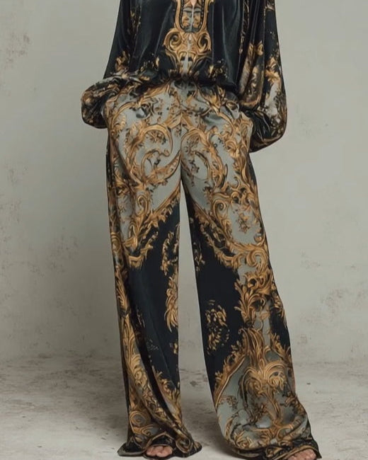 Baroque-Style Ornate Floral Print Top with Wide-Leg Trousers – Casual Suit Set - - Top - Concept Fashionlab