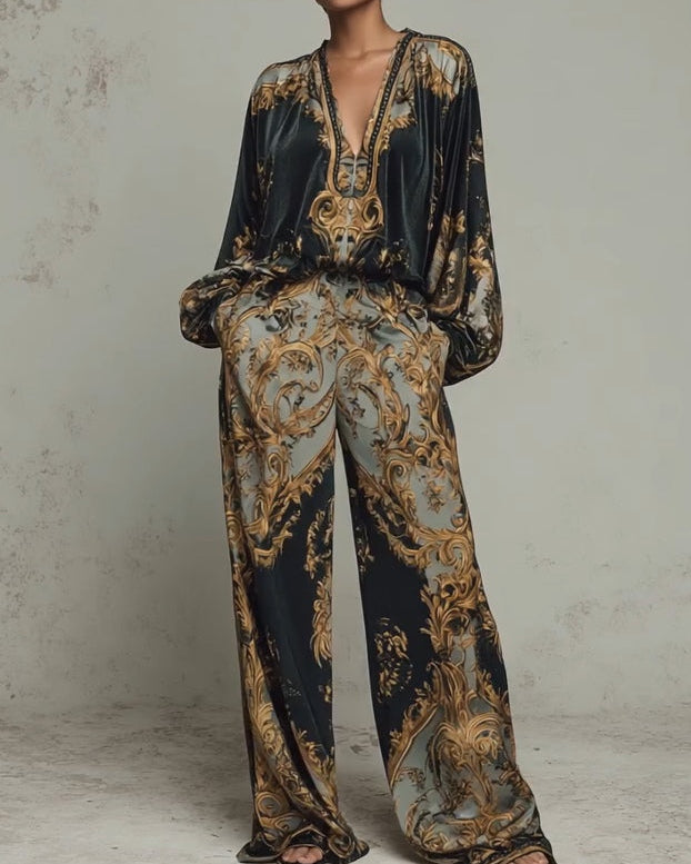 Baroque-Style Ornate Floral Print Top with Wide-Leg Trousers – Casual Suit Set - - Top - Concept Fashionlab