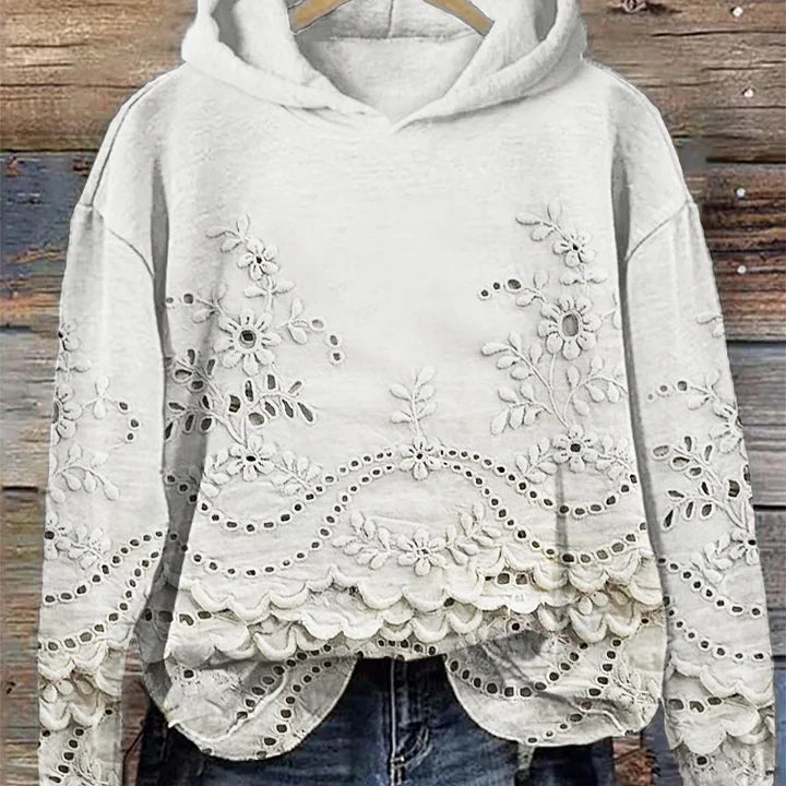 Damen Strickpullover mit Kapuze und floralen Details