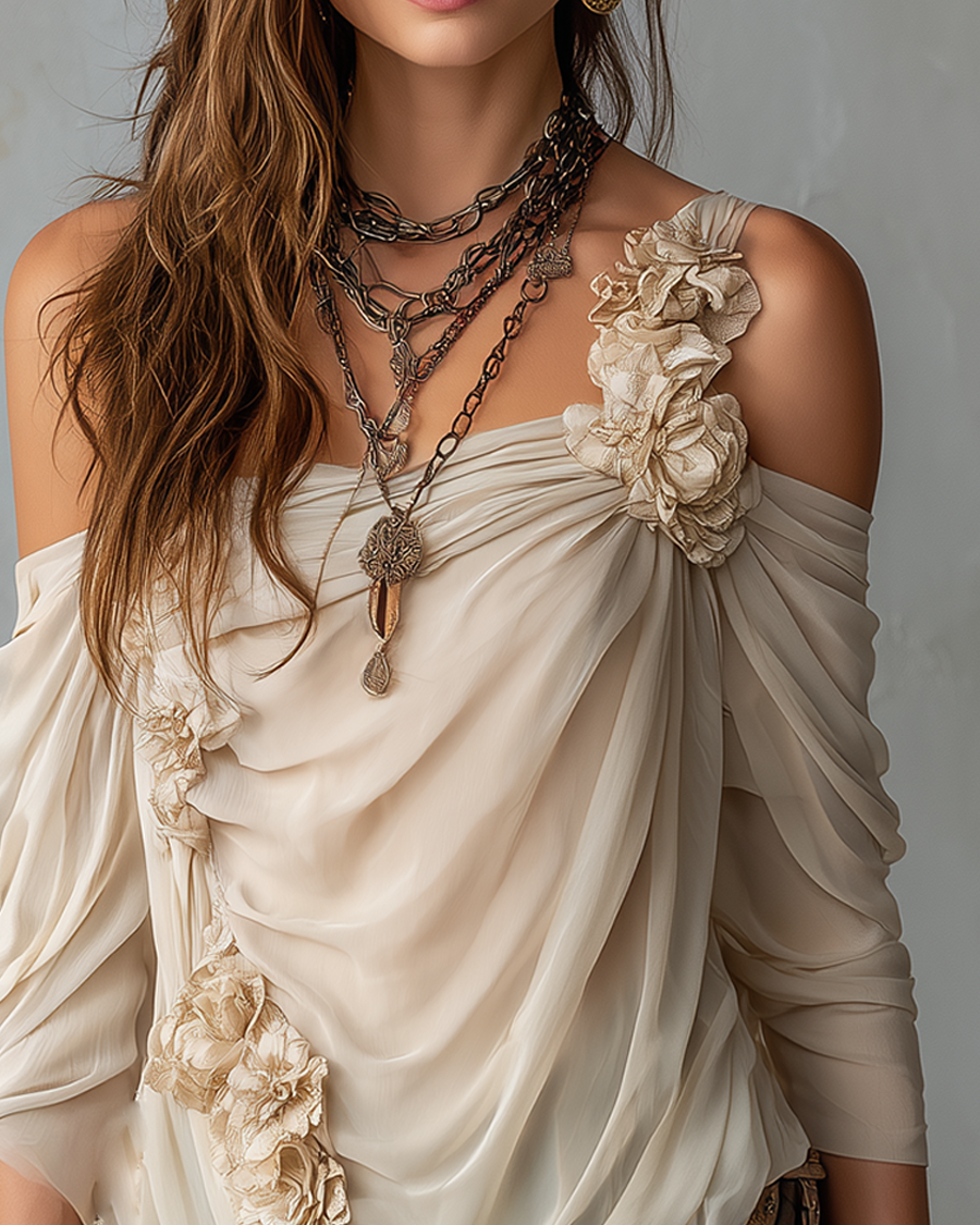 Damen Drapierte schulterfreie Bluse aus floralem Chiffon - - Damen > Blusen - Concept Fashionlab