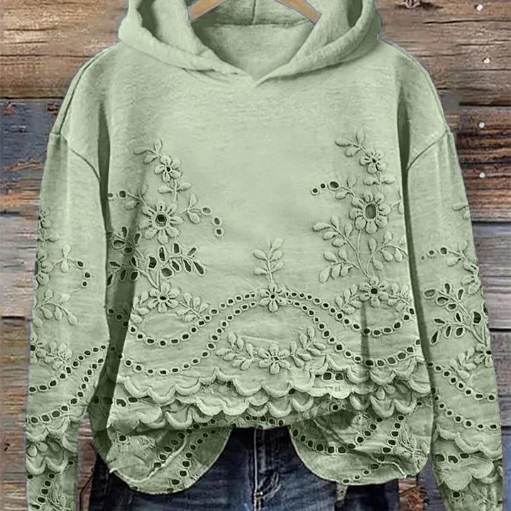 Damen Strickpullover mit Kapuze und floralen Details