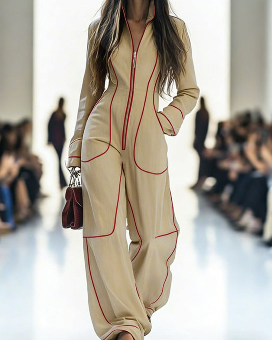 Overall mit Langarm, weitem Bein, Reißverschluss und Stehkragen - APRIKOT - Jumpsuits - Concept Fashionlab