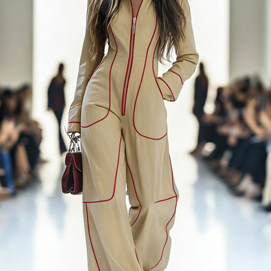 Overall mit Langarm, weitem Bein, Reißverschluss und Stehkragen - APRIKOT - Jumpsuits - Concept Fashionlab