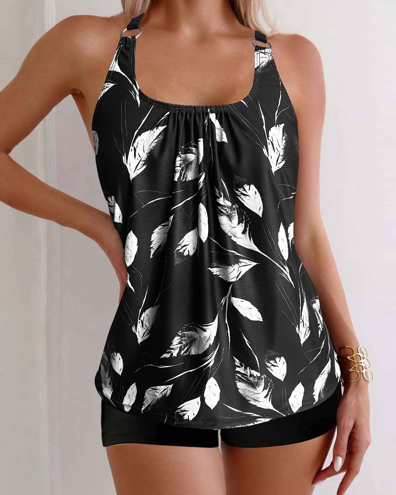 Elise | Elegantes Schwarz-Weiß-Blattmuster-Tankini-Set