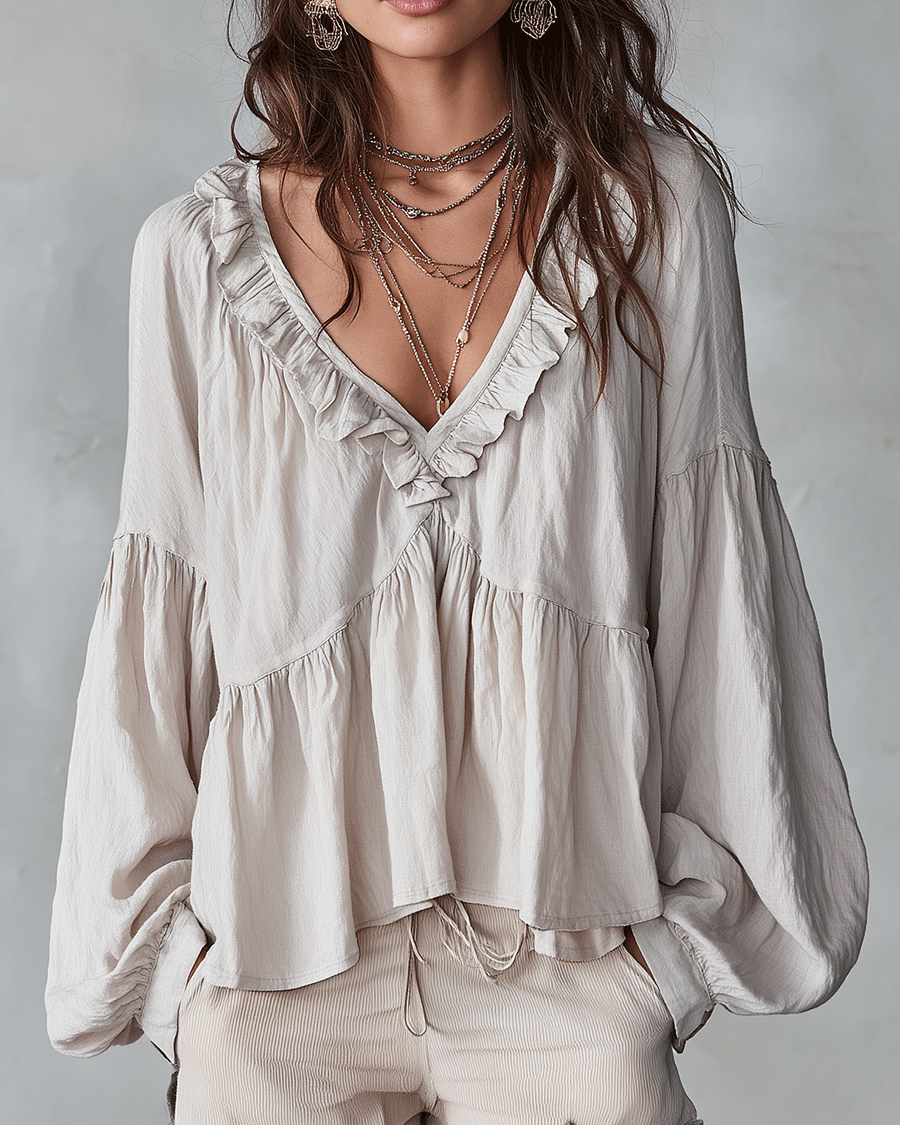 Damen Luftige, vintage-inspirierte Boho-Bluse mit weichen Rüschen - Weiß - Damen > Blusen - Concept Fashionlab