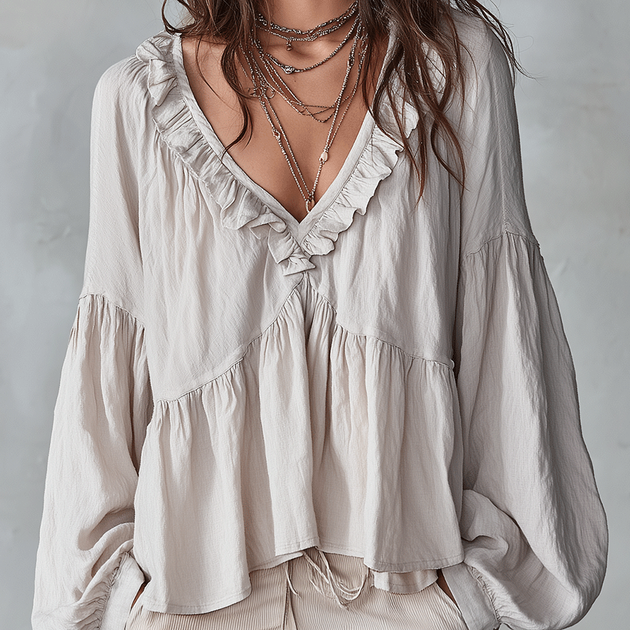 Damen Luftige, vintage-inspirierte Boho-Bluse mit weichen Rüschen - Weiß - Damen > Blusen - Concept Fashionlab