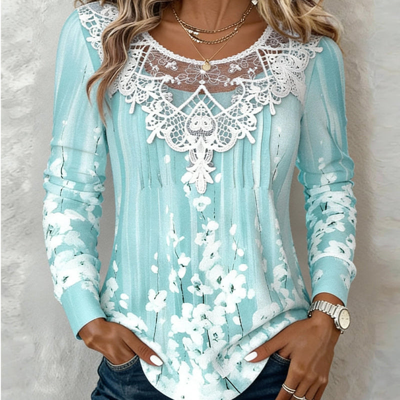 Schickes Langarm-Top mit Blumenmuster, Rundhalsausschnitt und