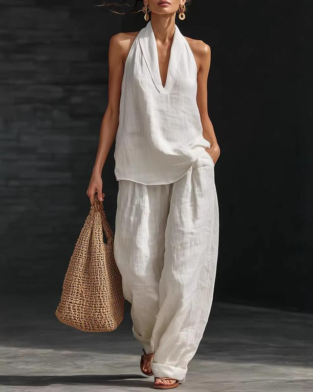 Ainhoa | Kombi-Set aus entspanntem Tanktop und Hose mit weitem Bein - Weiß - - Cow Clothing