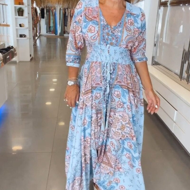 Alira | Kleid mit sieben Ärmeln und V-Ausschnitt - Blau - - Cow Clothing